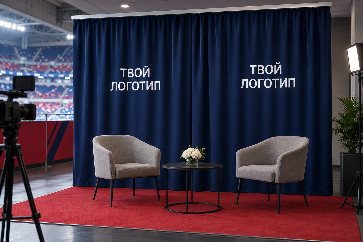 Синий брендированный фон для интервью на спортивной арене