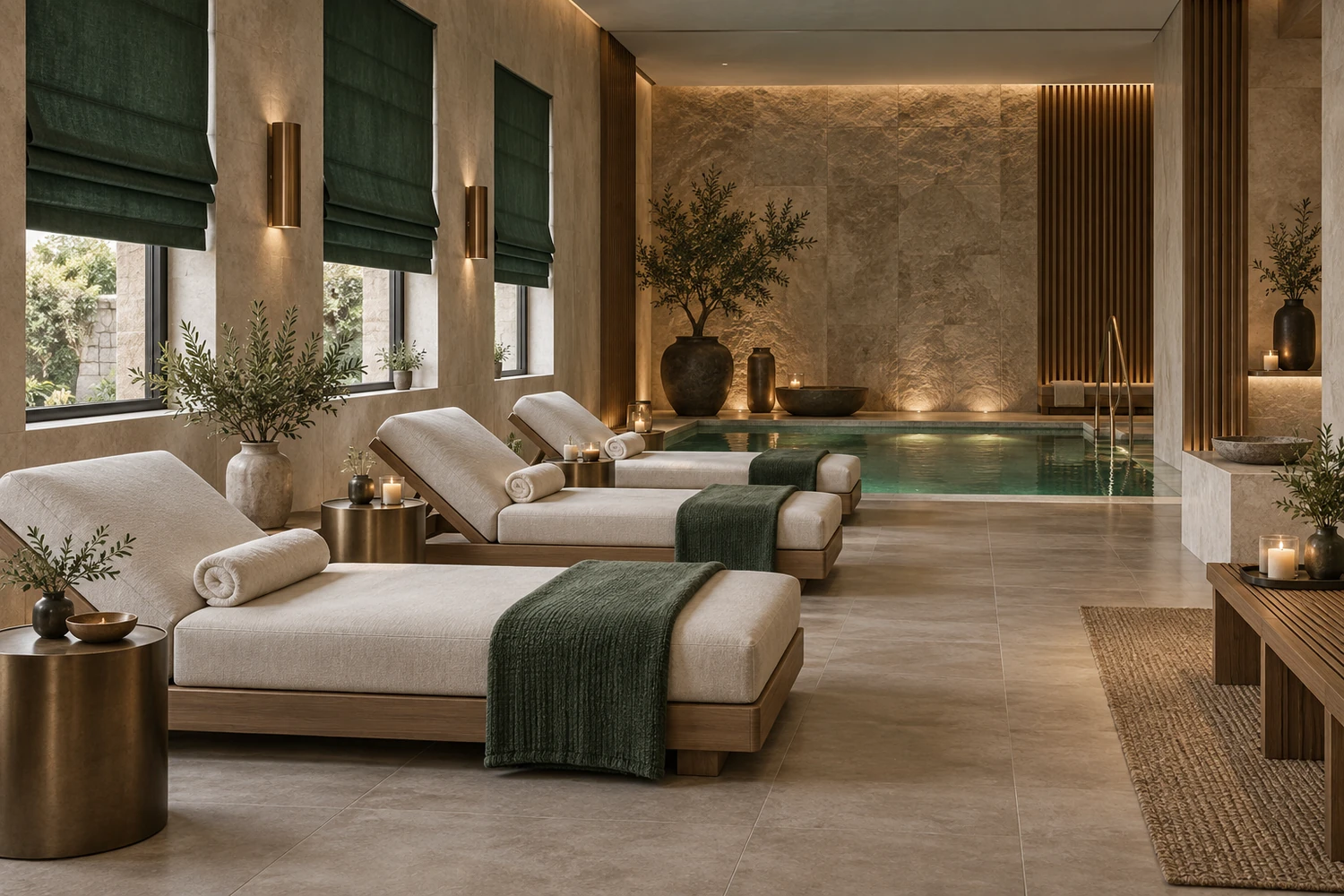Тёмно-зелёные римские шторы в зоне релаксации SPA