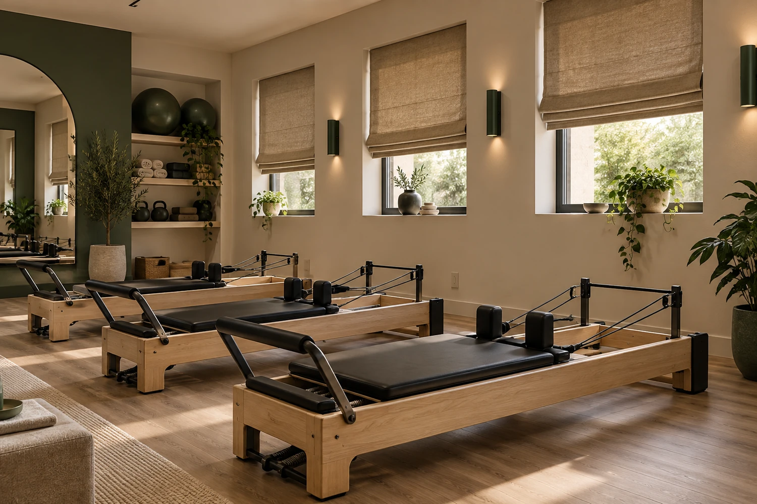 Бежевые римские шторы в студии Pilates